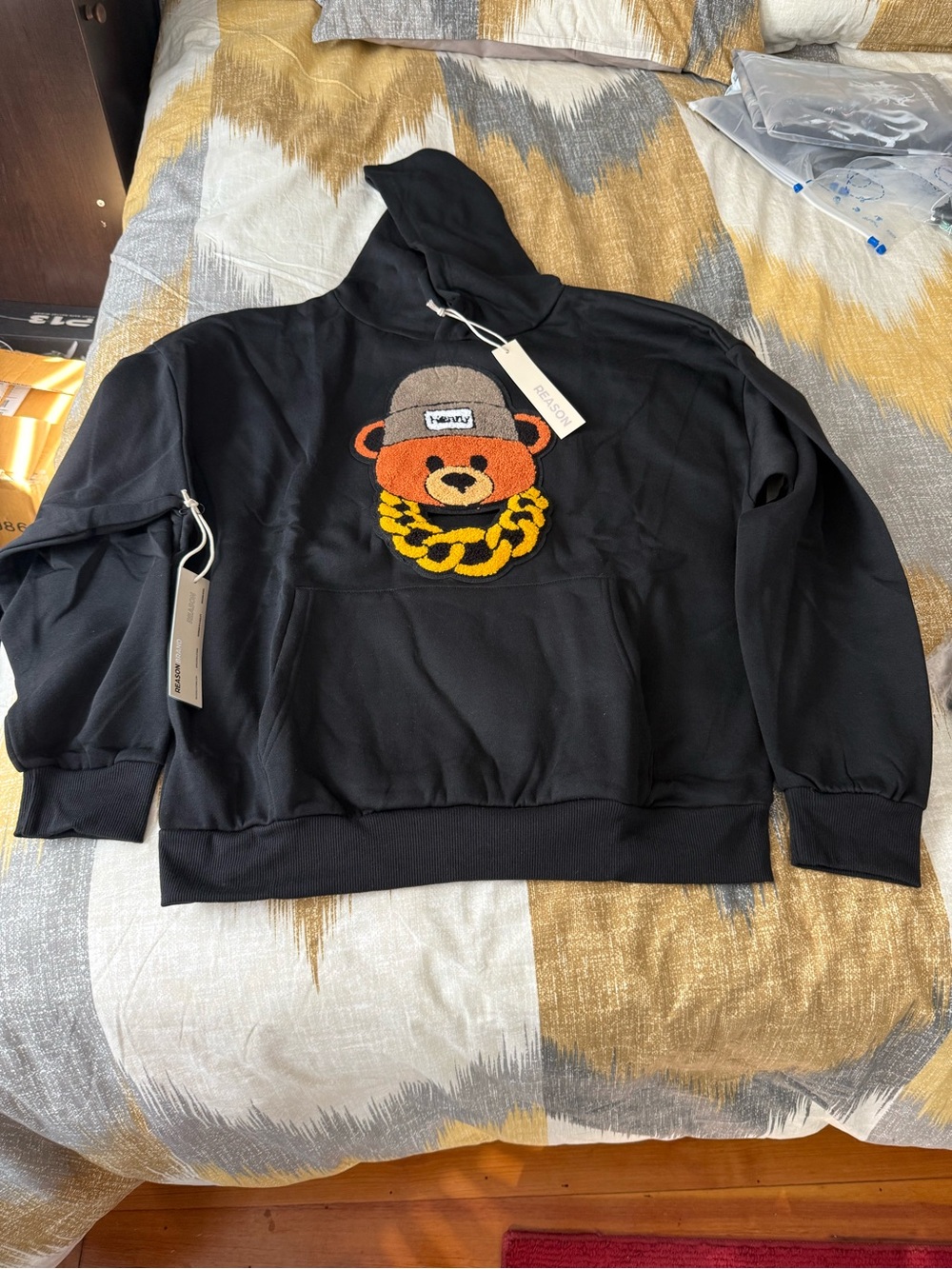Reason Black Men’s Fleece Hoodie with Teddy Patch size M